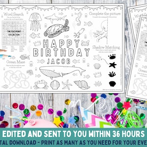 Children’s Birthday Party Placemat / Sealife / Ocean Activity Sheet - Custom / Printable Digital Download - Size A4 or Letter - Fish / whale