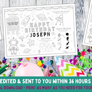 Mantel espacial de cumpleaños para niños / Hoja de actividades - Descarga digital personalizada / imprimible - Feliz cumpleaños - Fiesta - Tamaño A4 o carta