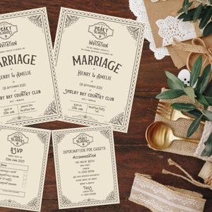 Beautiful Peaky Blinders themed Wedding Bundle - Digital Download pdf print - invitations personnalisées, rsvp et informations sur les invités