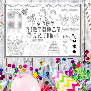Mantel de fiesta de cumpleaños para niños / Hoja de actividades de hadas de Princesa Unicornio - Descarga digital personalizada / imprimible - Tamaño A4 o carta