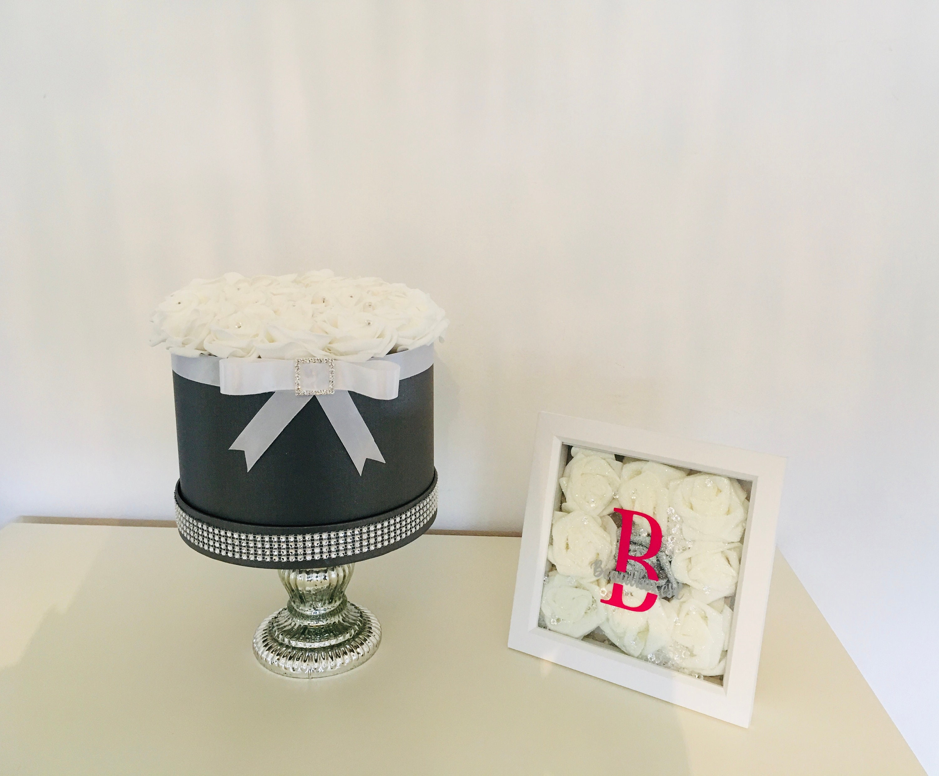Beautiful personalised flower hat box with diamond brooch bow Etsy
