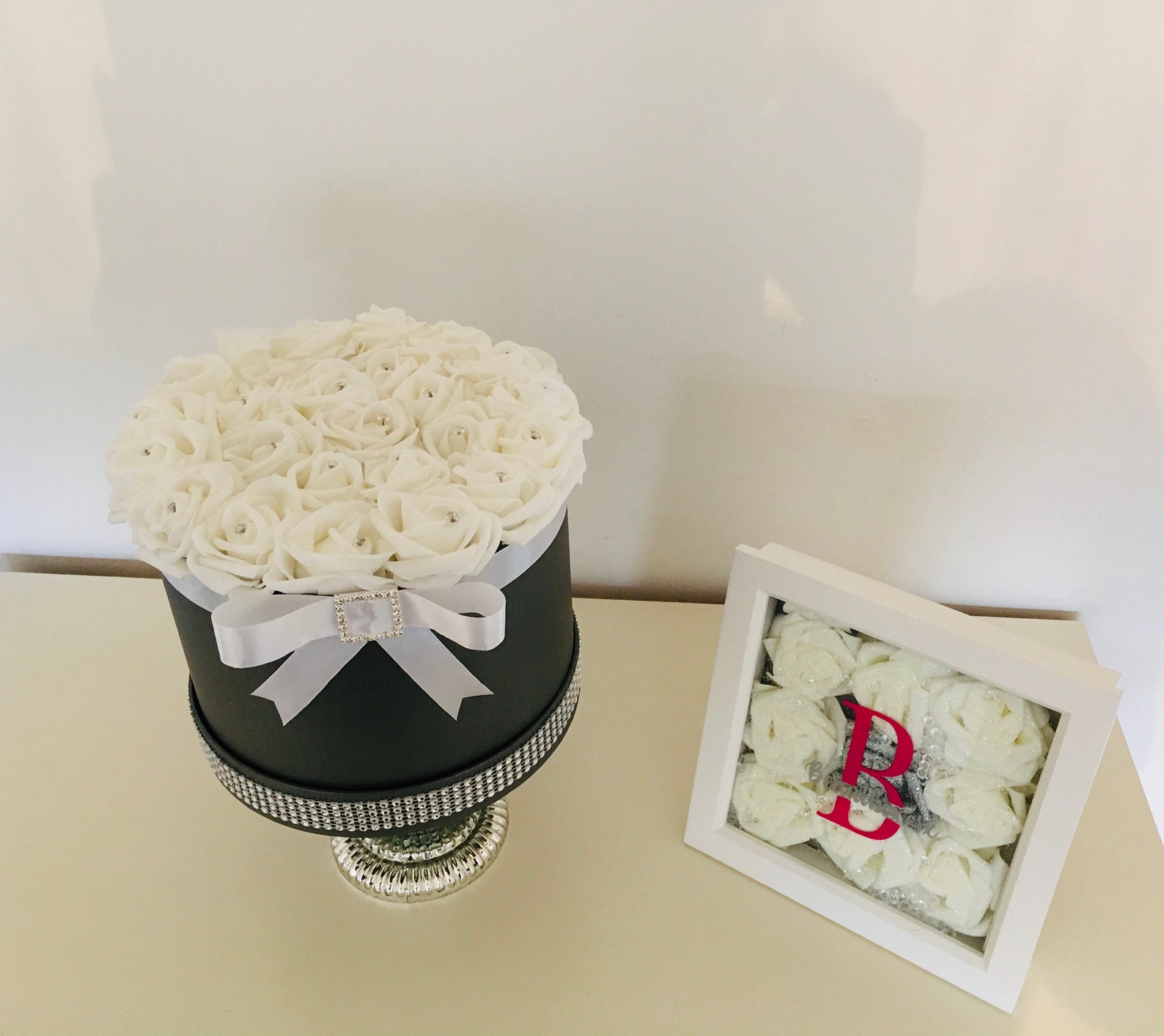 Beautiful personalised flower hat box with diamond brooch bow Etsy