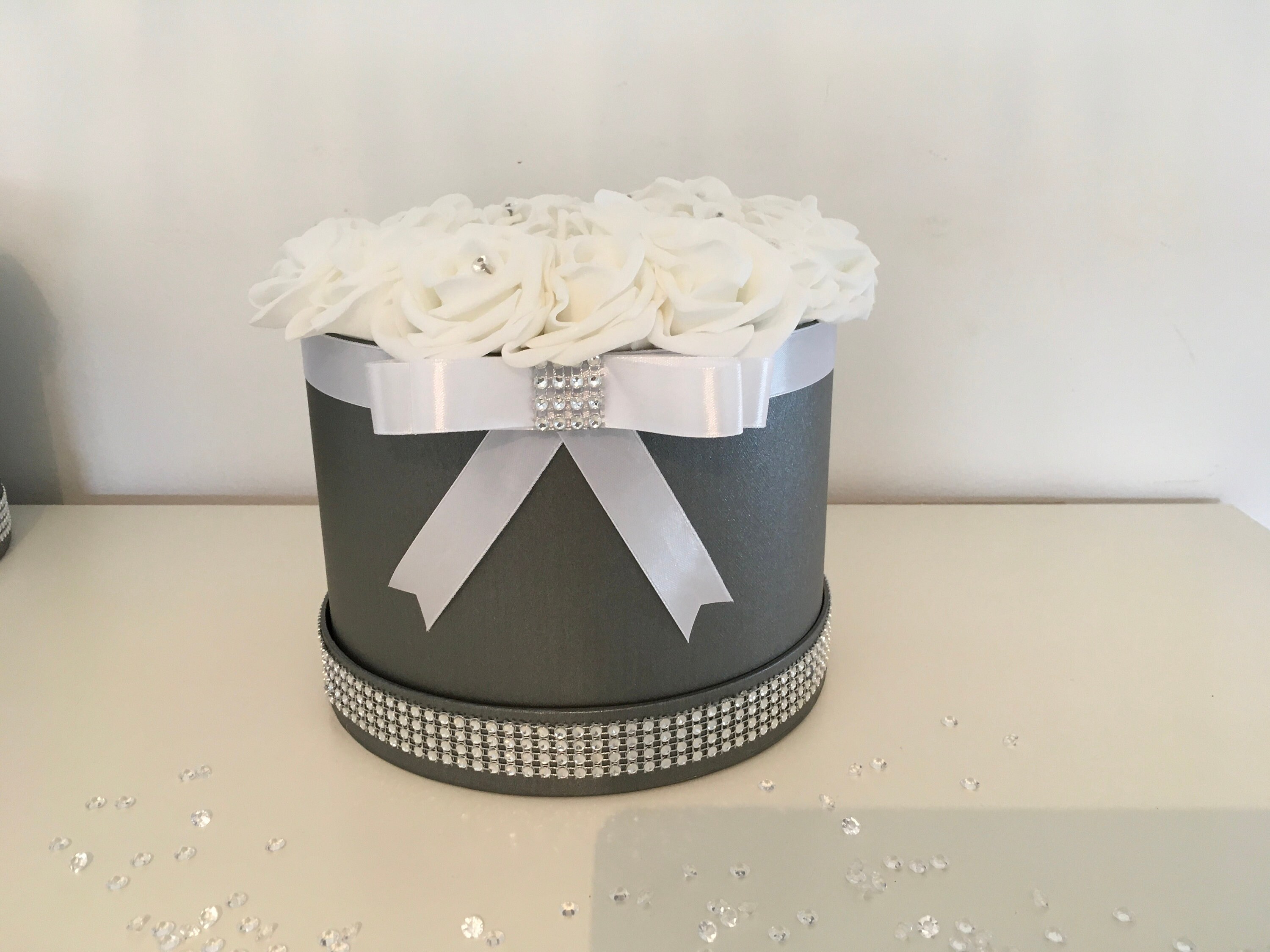 Beautiful personalised flower hat box with diamond brooch bow Etsy