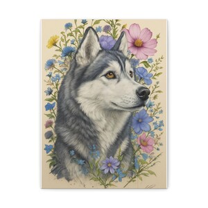 Husky Floral Canvas Art Print, Dog Decor, Animal Wall Art, Pet Lover Gift, Home Decoration, Dog Portrait