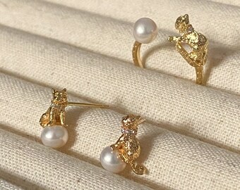 Cute Cat & Ball Pearl Ring and Earring Set, Pearl Statement Ring, Adjustable Ring, Cat Lover Earrings, Christmas Gift Set, Gift Choice
