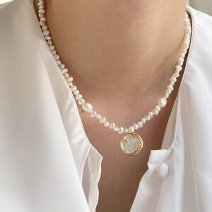 Aurora - Meteorite Pendant Pearl Beaded Necklace, Wedding Necklace, Elegant Baroque Pearl Necklace, Tiny Pearl Necklace, Mom’s Gift