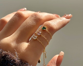 Solitaire Birthstone Ring, Adjustable S925 Cubic Zirconia Chain Ring, 18k Gold Gemstone Statement Ring, Fit all size ring, Christmas Gift