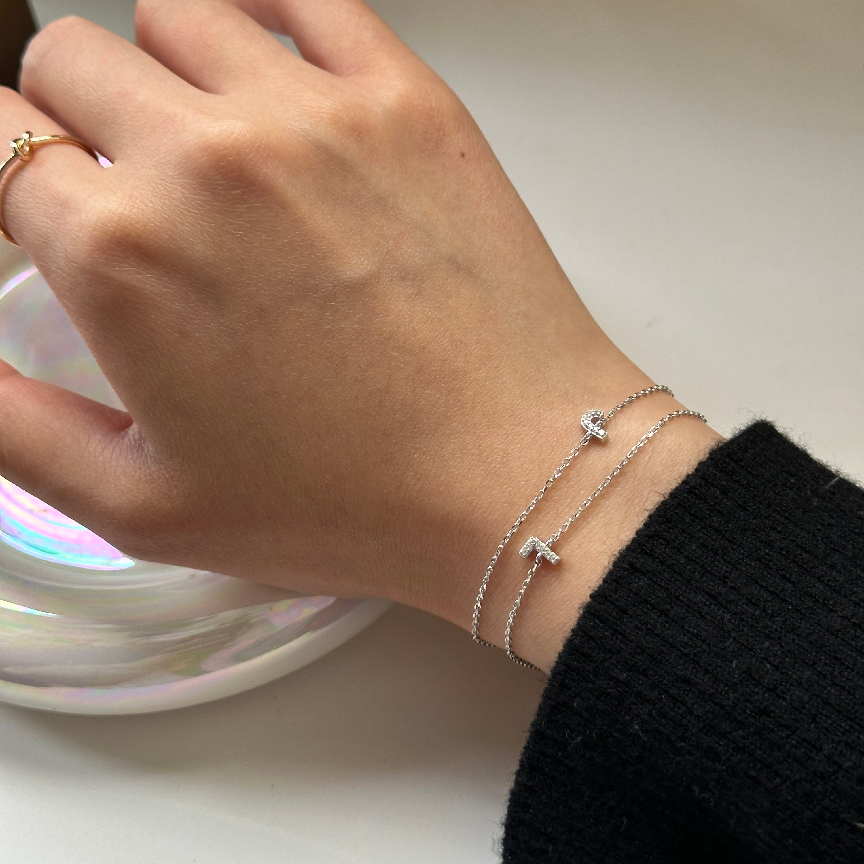 Sterling Silver Pave Initial Bracelet, Name Bracelet Sterling Silver Pave Initial Bracelet, Name Bracelet