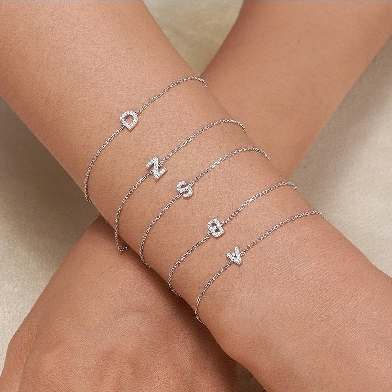 Sterling Silver Pave Initial Bracelet, Name Bracelet