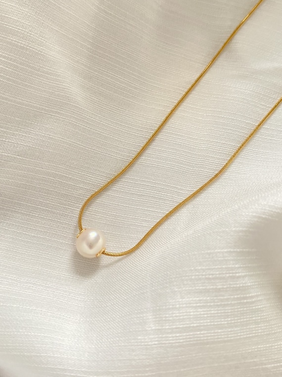 Pearl Charm Snake Chain Necklace 18k Gold Titanium Thin Etsy Canada