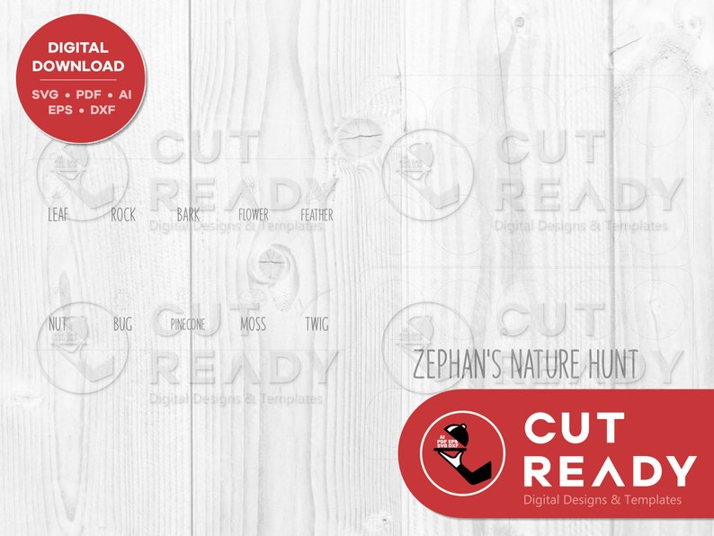K&ouml;nnte beinhalten: Ein digitaler Download eines Natur-Suchspiels mit einem rot-wei&szlig;en Logo, das "Cut Ready" sagt, und dem Text "Zephan's Nature Hunt". Das Spiel enth&auml;lt Bilder von einem Blatt, einem Stein, einer Rinde, einer Blume, einer Feder, einer Nuss, einem K&auml;fer, einer Kiefernzapfen, Moos und einem Zweig.