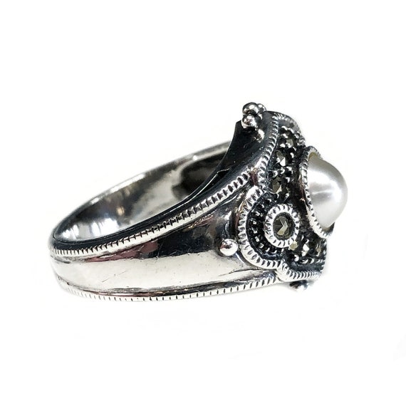 Silver Pearl & Marcasite Ring - image 2