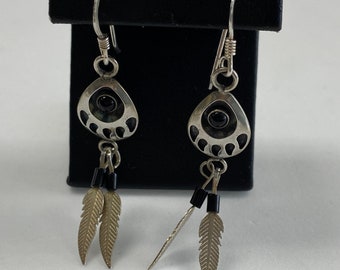 Sterling Silver Feather Earrings with Onyx
