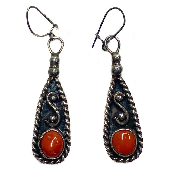 Native American Silver & Coral Dangle Earrings - image 2