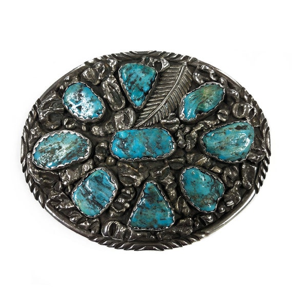 Yazzie Navajo Silver & Turquoise Belt Buckle - image 1