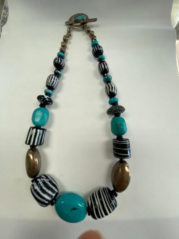 Turquoise and glass Beaded Sterling Necklace