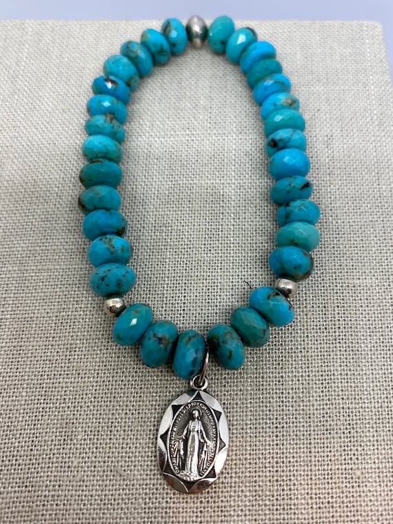 Turquoise And Sterling Silver Religious Bracelet W
