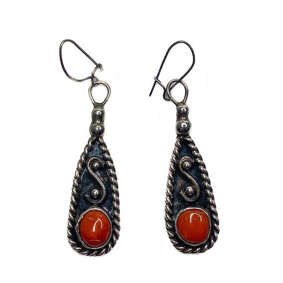 Native American Silver & Coral Dangle Earrings - image 1