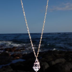 Puede incluir: Un delicado collar con cadena dorada y un colgante con forma de concha. La concha blanca tiene manchas negras y cuelga sobre un fondo de mar y cielo azul. El collar es una joya.