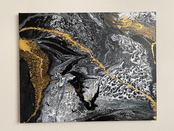 black and white acrylic pour painting