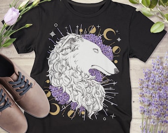 Celestial Whimsigoth Borzoi Shirt | Witchy Geometric Hand-Drawn Borzoi Dog Short-Sleeve Unisex T-Shirt