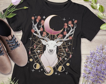 Celestial Whimsigoth Deer Shirt | Witchy Red Stag Geometric Hand-Drawn Floral Deer Short-Sleeve Unisex T-Shirt