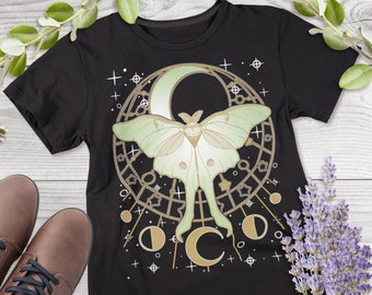 Hand-Drawn Luna Moth Shirt | Geometric Moon Phases Boho Celestial Unisex T-Shirt