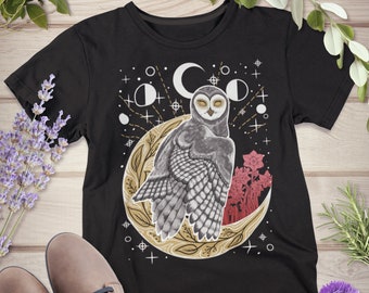 Himmlisches Whimsigoth Schleiereule Shirt | Handgezeichnetes Witchy Barn Owl Kurzärmeliges Unisex-T-Shirt