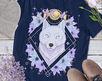 Chemise de loup gris Phase de lune Chemise lunaire Witchy Boho Hippie Unique Wolf Art T-shirt unisexe à manches courtes