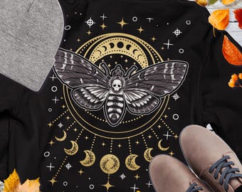 Sudadera con capucha de polilla esfinge de la calavera, estilo bruja, con cremallera completa premium y estampado en la espalda.