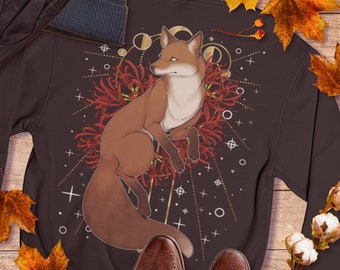 Witchy Fox Hoodie Automne Red Fox Lycoris Radiata Boho Hippie Unisexe Sweat à capuche imprimé au dos