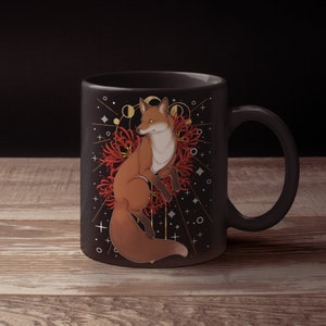 Witchy Fox Mug Autumn Red Fox Lycoris Radiata Black Glossy Mug