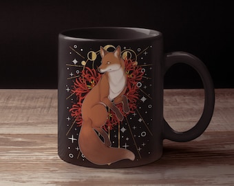Witchy Fox Mug Autumn Red Fox Lycoris Radiata Black Glossy Mug