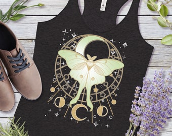 Luna Moth Tank Top | Boho Celestial Moon Phase Luna Moth Yoga Top | Women's Racerback Tank