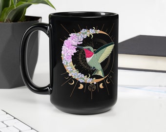 Ruby-Throated Hummingbird Mug | Witchy Esoteric BoHo Hummingbird Mug | Black Glossy Mug