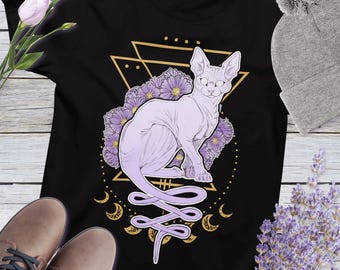 Witchy Sphynx Cat Shirt | Whimsigoth Witchy Hairless Cat Art Unisex t-shirt