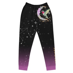 Eco-Friendly Recycled Sweatpants | Artistic Witchy Sweatpants with Hand-Drawn Floral Hummingbird Art | Women's Joggers