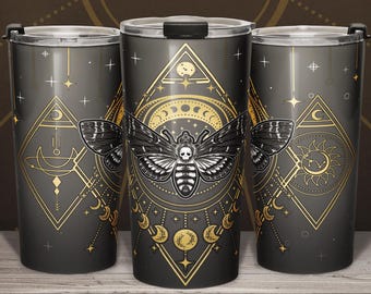 Vaso de polilla con cabeza de muerte celestial / Taza de viaje cónica de acero inoxidable de 20 oz de Witchy Whimsigoth