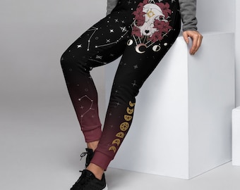 Eco-Friendly Recycled Sweatpants | Artistic Witchy Sweatpants with Floral Cat Skull Art | Women's Joggers