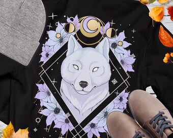 Witchy Wolf Hoodie Whimsigoth Boho Grauer Wolf Herbst Hoodie Premium Full Zip Back Print Hoodie