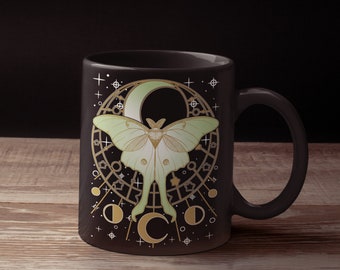 Luna Moth Mug Witchy Mug Moon Phase Esoteric Whimsigothic Black Glossy Mug