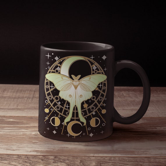 Luna Moth Mug Witchy Mug Moon Phase Esoteric Whimsigothic Black Glossy Mug