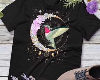 Chemise artistique colibri printemps 2024 T-shirt unisexe sorcière bohème hippie colibri dessiné à la main