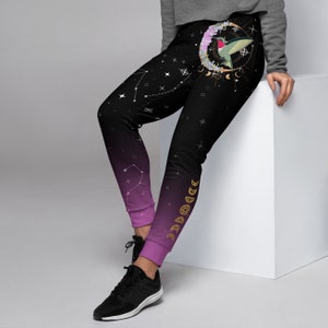 Eco-Friendly Recycled Sweatpants | Artistic Witchy Sweatpants with Hand-Drawn Floral Hummingbird Art | Women's Joggers