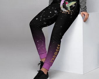 Pantalon de survêtement recyclé respectueux de l'environnement | Pantalon de survêtement artistique Witchy avec colibri floral dessiné à la main | Pantalons de jogging pour femmes