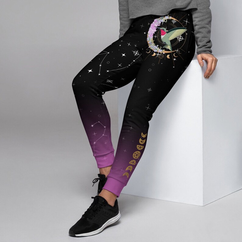 Eco-Friendly Recycled Sweatpants | Artistic Witchy Sweatpants with Hand-Drawn Floral Hummingbird Art | Women's Joggers