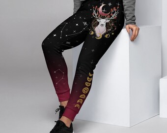 Milieuvriendelijke gerecyclede joggingbroek | Artistieke Witchy joggingbroek met hertenkunst | Dames joggingbroek