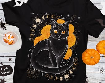 Maglietta con gatto nero stregato / Maglietta con gatto gotico Maglietta unisex con gatto nero pagano di Halloween