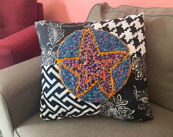 Large Custom Black White leather handmade pillow, Unique reversible black white handmade pillow, Textured black white handmade pillow,