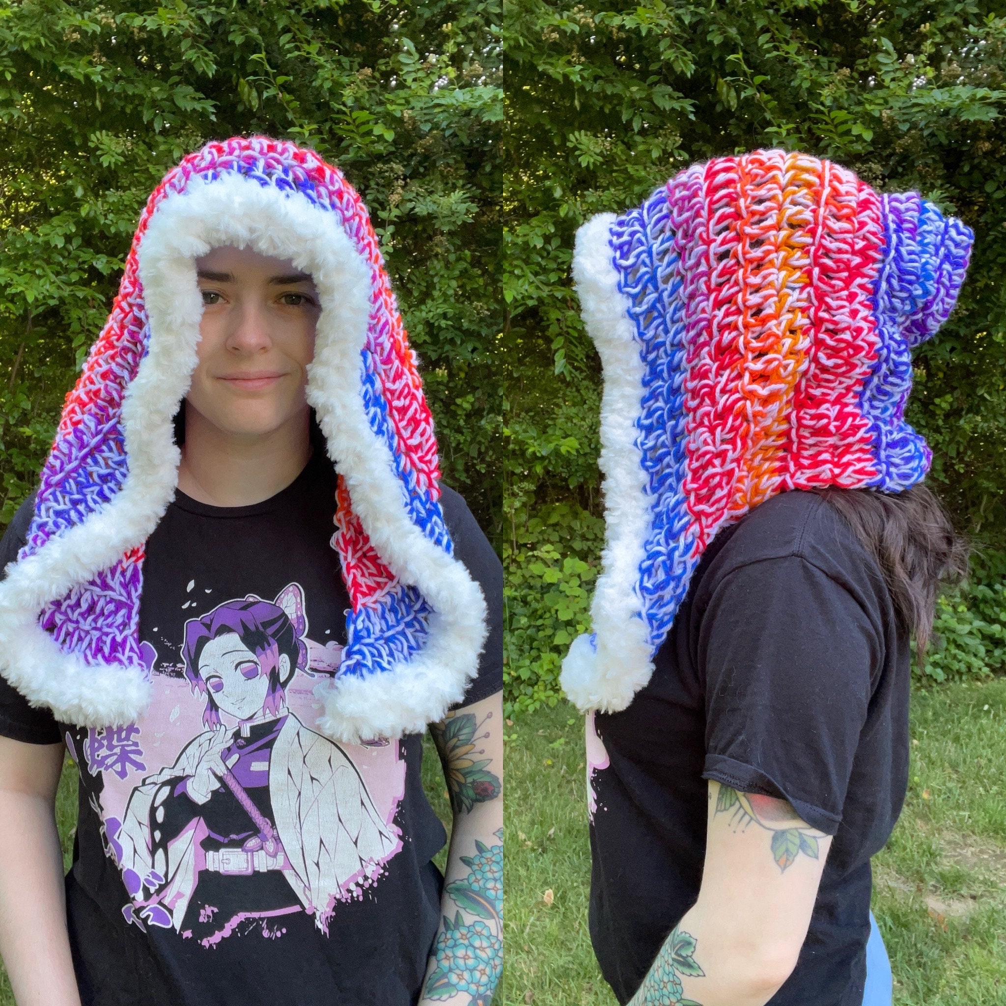 Fluffy White & Rainbow Hood